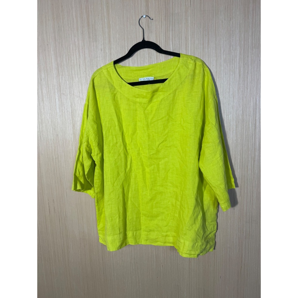 Bryn Walker Linen Boxy Top Neon Lime Green 3/4 Sleeve XS Made in USA Oversized